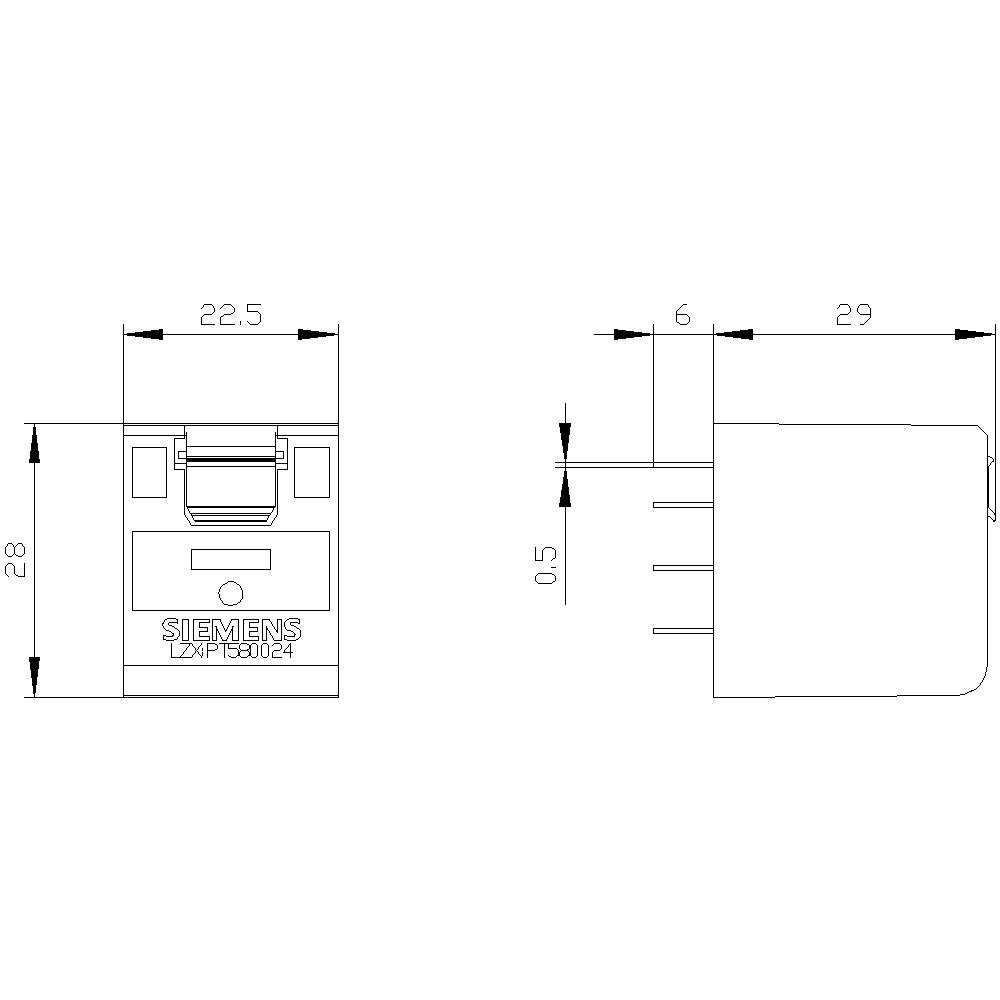 Diagramm eines Siemens-Schalters mit Maßangaben: Breite 22,5 mm, Höhe 28 mm, Tiefe 29 mm, Anschlussabstand 0,5 mm.
