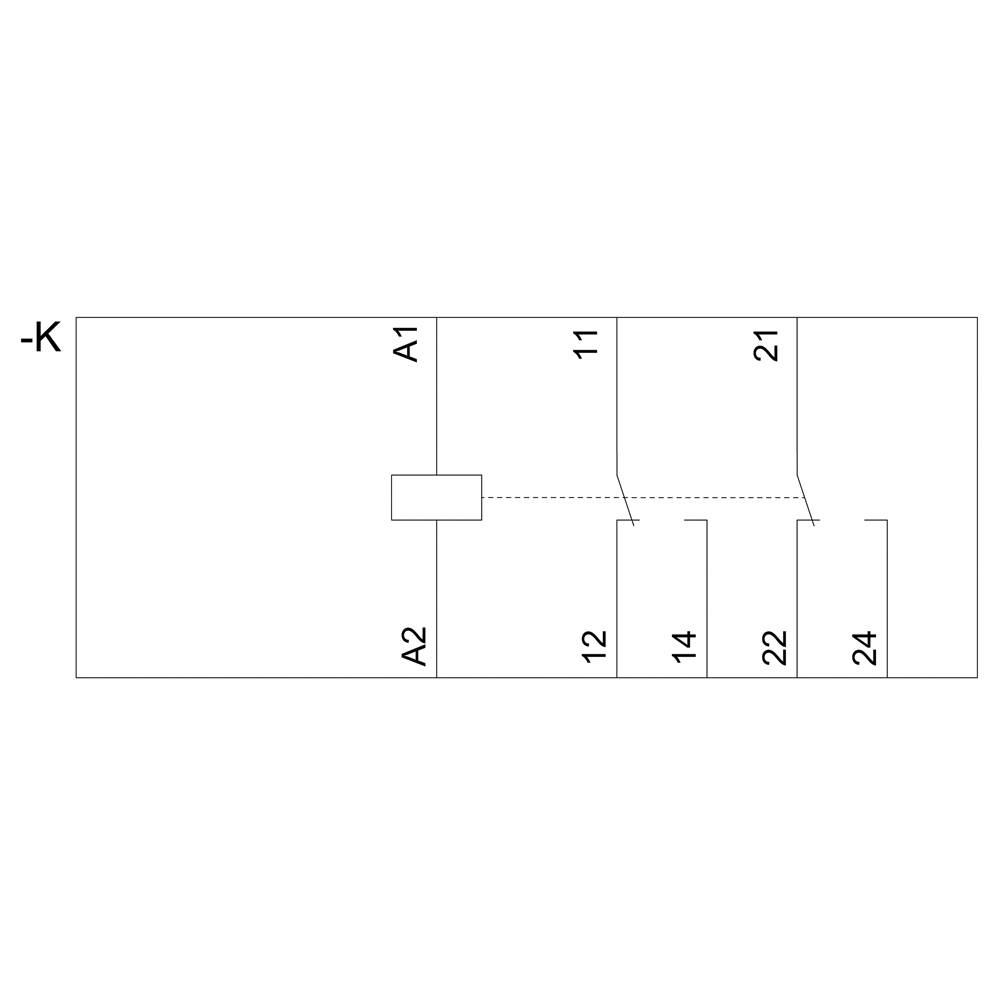 Das Diagramm zeigt elektrische Schaltzeichen: Links oben '-K' als Kennzeichnung, darunter ein Anschlussrechteck 'A1' und 'A2', rechts mit Verbindungen zu nummerierten Anschlusspunkten '11', '12', '14', '21', '22', '24'.