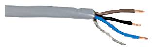 Graues Kabel mit drei freiliegenden Drähten: braun, blau und schwarz.