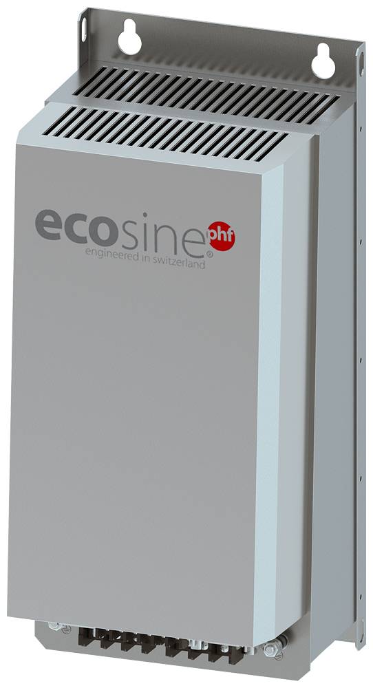Leistungsfaktorregler mit der Aufschrift 'ecosine', grau, Marke Schaffner, montiert, dient zur Verbesserung der Energieeffizienz.