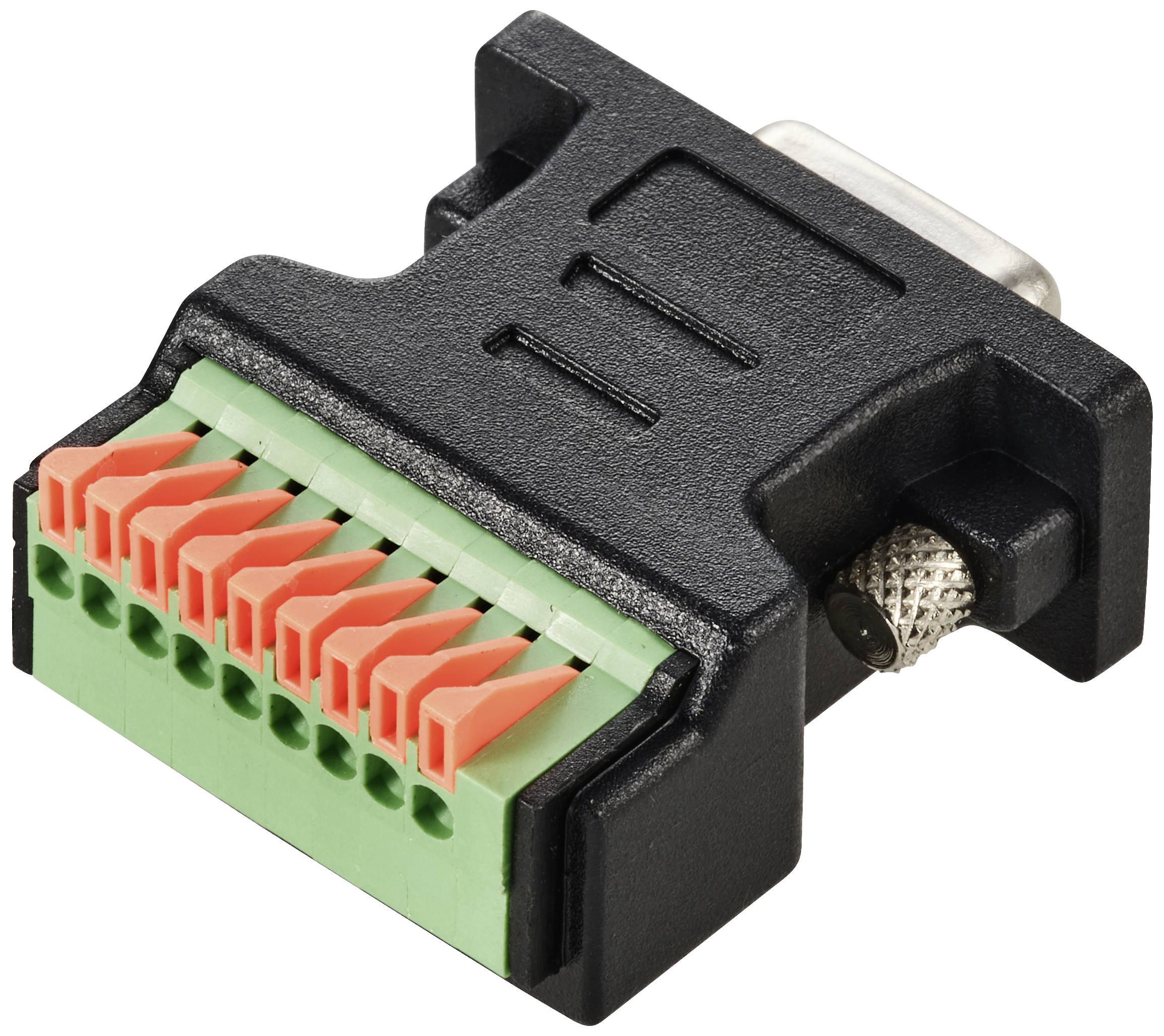 VGA-Steckadapter mit schwarzem Gehäuse und grün-orangen Klemmen. Dient zum Anschließen von Kabeln an VGA-Schnittstellen.