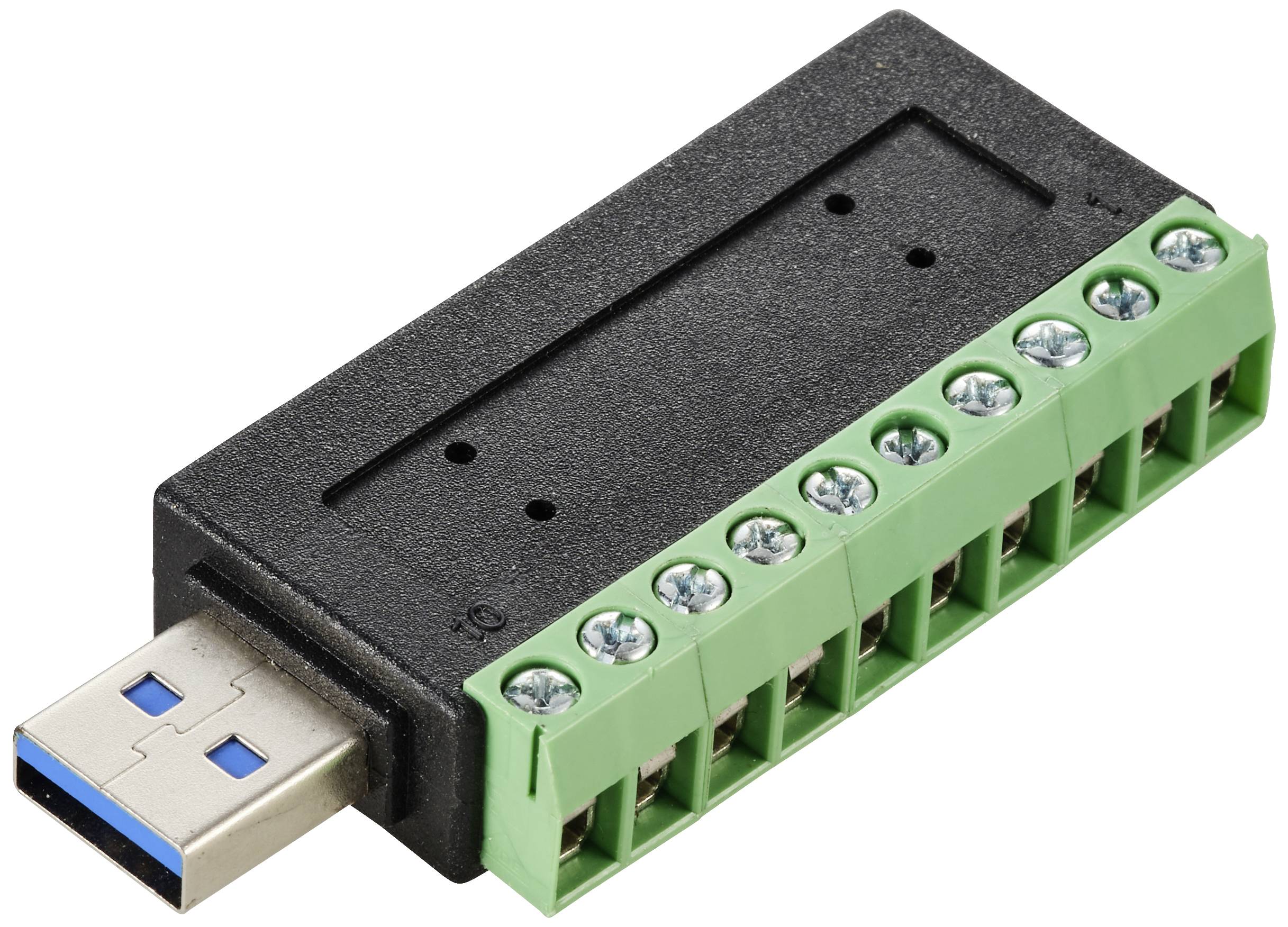 Ein schwarzer USB-zu-TTL-Adapter mit grünen Schraubklemmen auf der Oberseite, geeignet für die Verbindung von elektronischen Geräten.