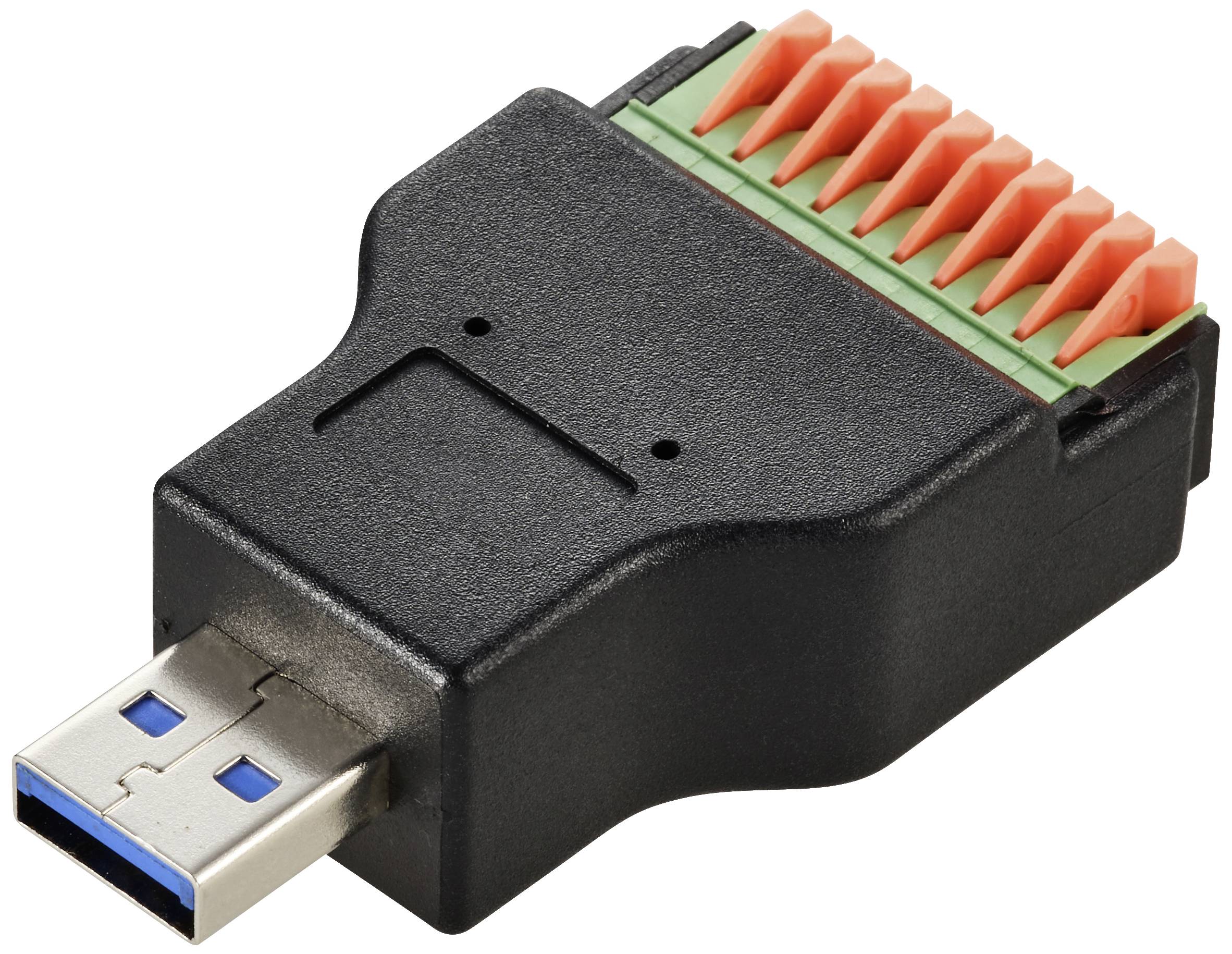 USB-Stecker mit grüner und orangefarbener Anschlussleiste zur Verbindungsherstellung verschiedener Kabel.