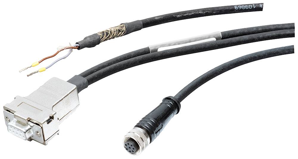 Ein Kabelstrang mit einem D-Sub-Stecker und einem runden Stecker, geeignet für spezifische elektronische Verbindungen.