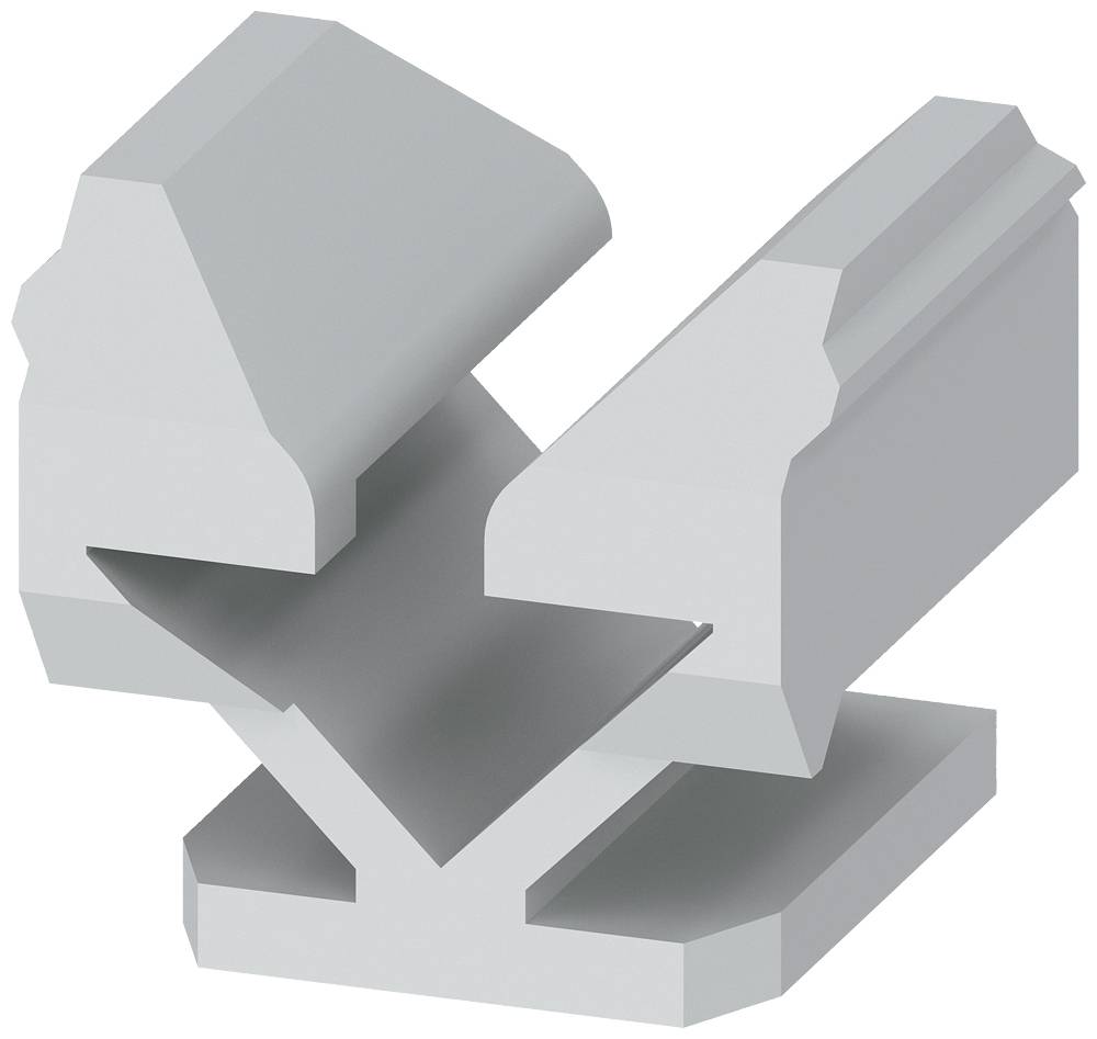 Metall-Werkzeugteil mit symmetrischer, V-förmiger Öffnung auf einem rechteckigen Sockel, wahrscheinlich zur Materialverformung.