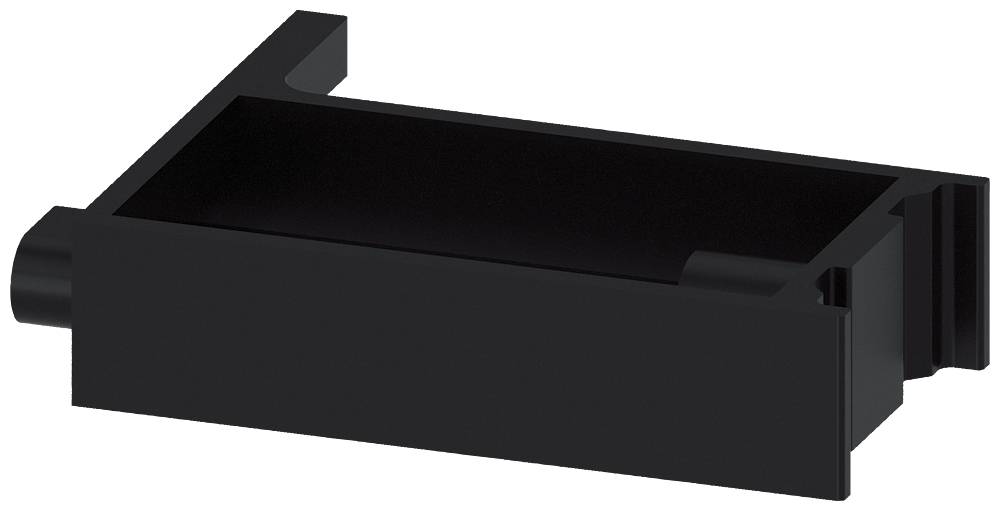 Schwarzes rechteckiges Gehäuse, nach hinten geöffnet, mit abgerundeter Kante links.