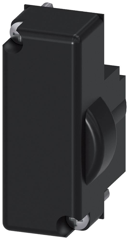 Schwarzes, rechteckiges Bauteil mit seitlichem Griff, möglicherweise ein elektrischer Schalter oder ein ähnliches Geräteteil.