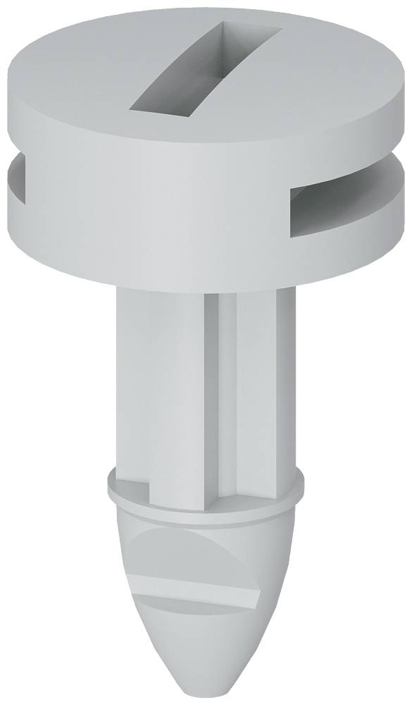 Kunststoffdübel mit breitem Kopf und Schlitz für Schraubendreher, konisch zulaufend. Verwendet zur Befestigung in Materialien.