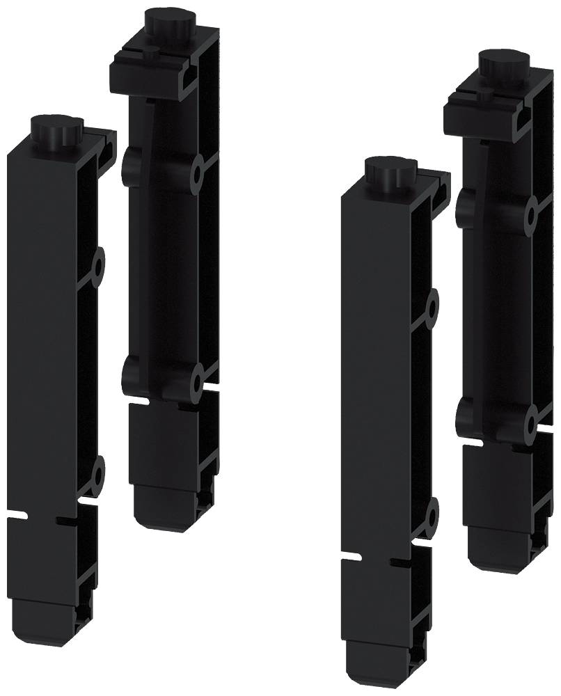 Vier schwarze rechteckige Kunststoffhalter, vertikal angeordnet, stehen in zwei Paaren. Sie scheinen als Montageteile fungieren zu können.