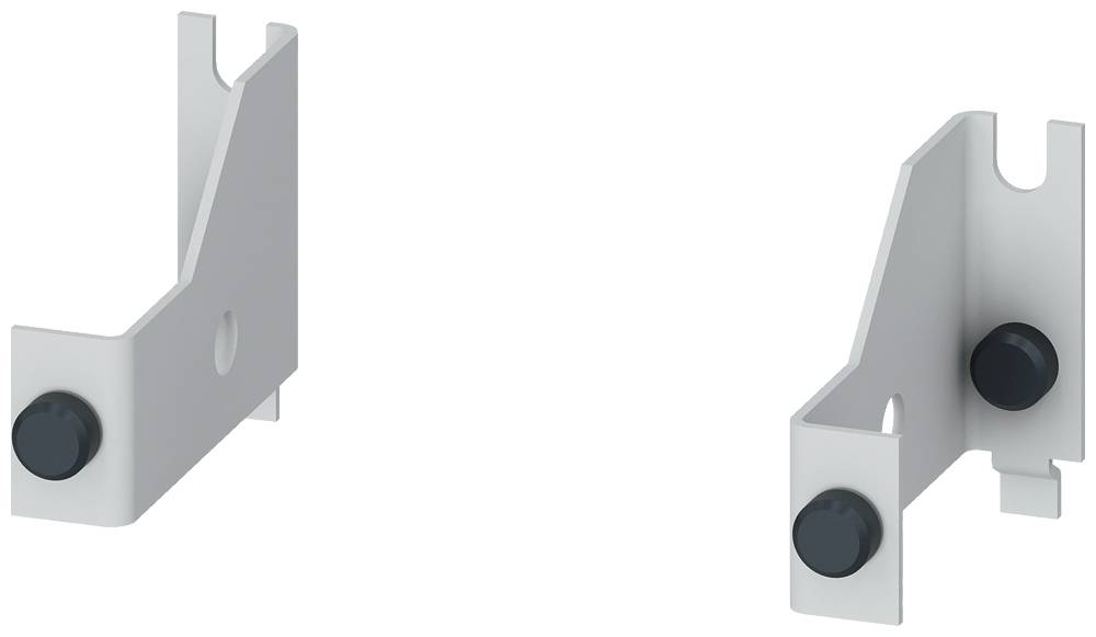 Zwei weiße Metallhalterungen mit schwarzen Verschlüssen, die nebeneinander angeordnet sind. Sie haben U-förmige Schnitte an der Oberseite.