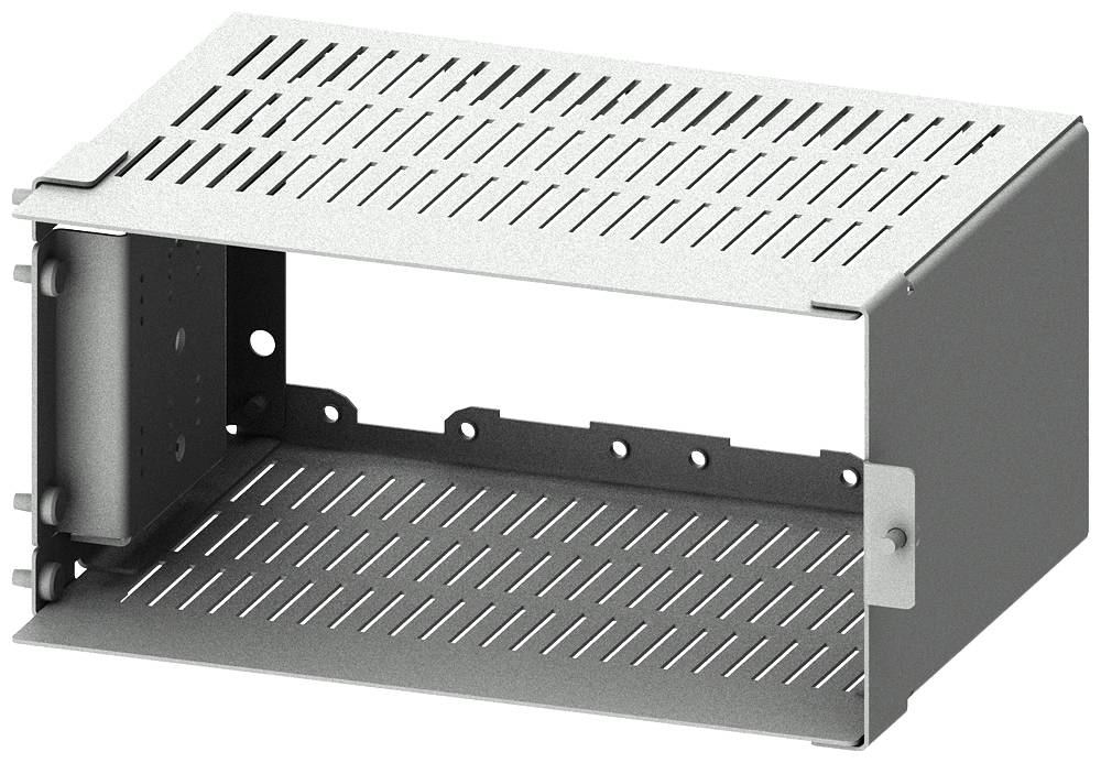Metallrahmen eines Gerätehalters im rechteckigen Design mit Belüftungsschlitzen. Verwendet zur Befestigung von elektronischen Geräten.