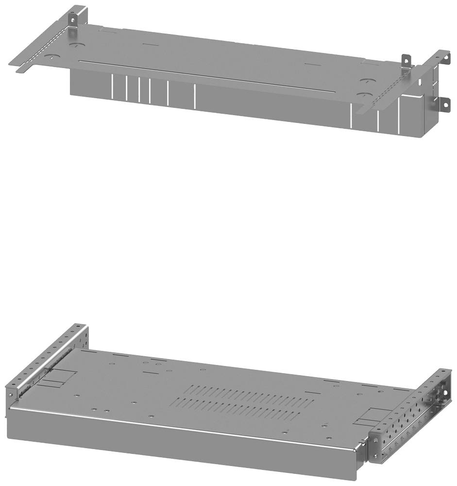 Zwei metallische Halterungen übereinander angeordnet. Obere Halterung ist schmaler mit abgewinkelten Enden, untere Halterung breiter mit rechteckiger Form.