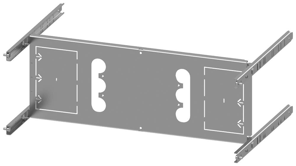 Metallrahmenfach, horizontal ausgerichtet, mit mehreren Steckplätzen und Halterungen an den Seiten, möglicherweise für Elektronik.
