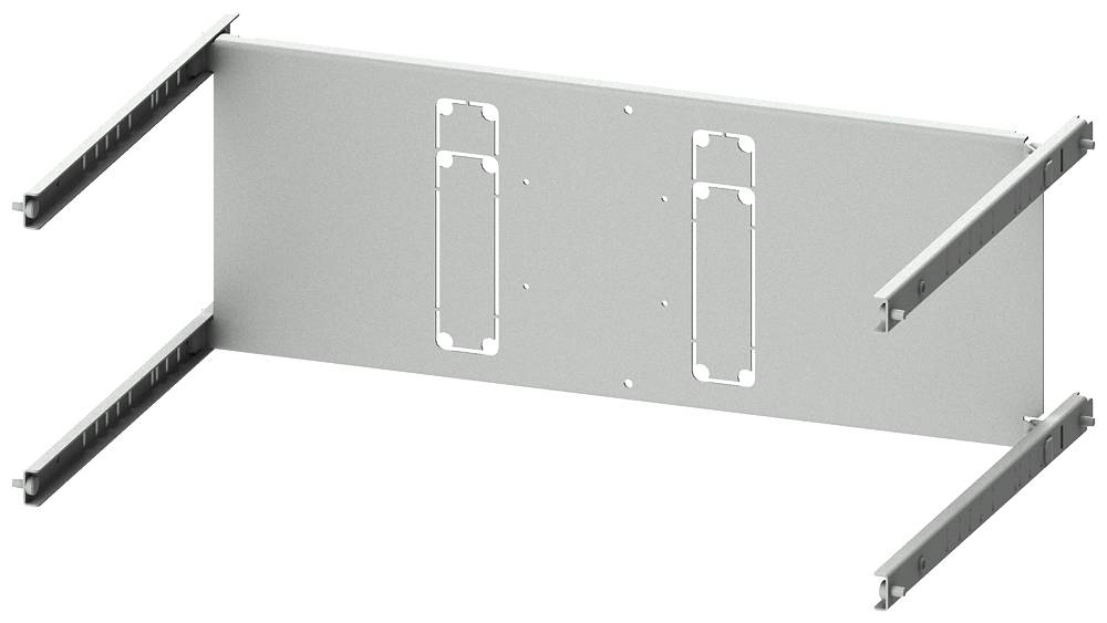 Metallplatte mit vier Halterungen an den Seiten, möglicherweise Bestandteil einer technischen oder elektronischen Installation.