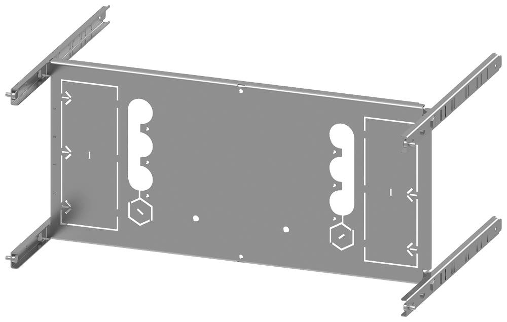 Metallische Montageplatte in rechteckiger Form mit mehreren Löchern und Aussparungen, passend zur Befestigung an Schienen.
