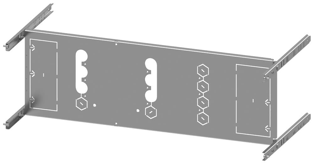 Metallplatte mit mehreren gebohrten Löchern und seitlichen Halterungen. Löcher sind symmetrisch angeordnet und variieren in Form.