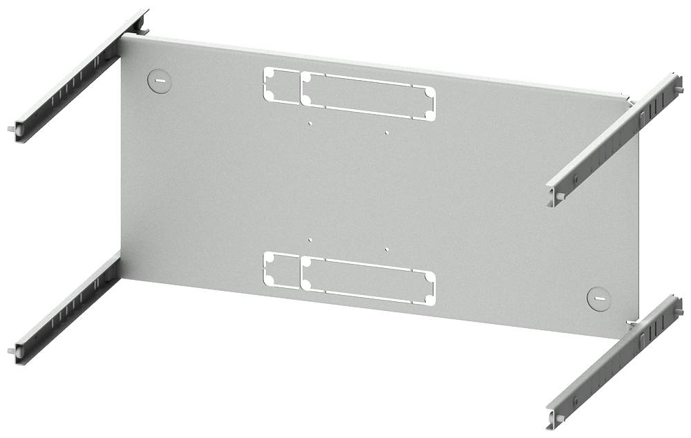 Metallisches Rackmontage-Panel mit mehreren Befestigungsschienen und Aussparungen für Kabelmanagement in einem Server- oder Netzwerkgehäuse.