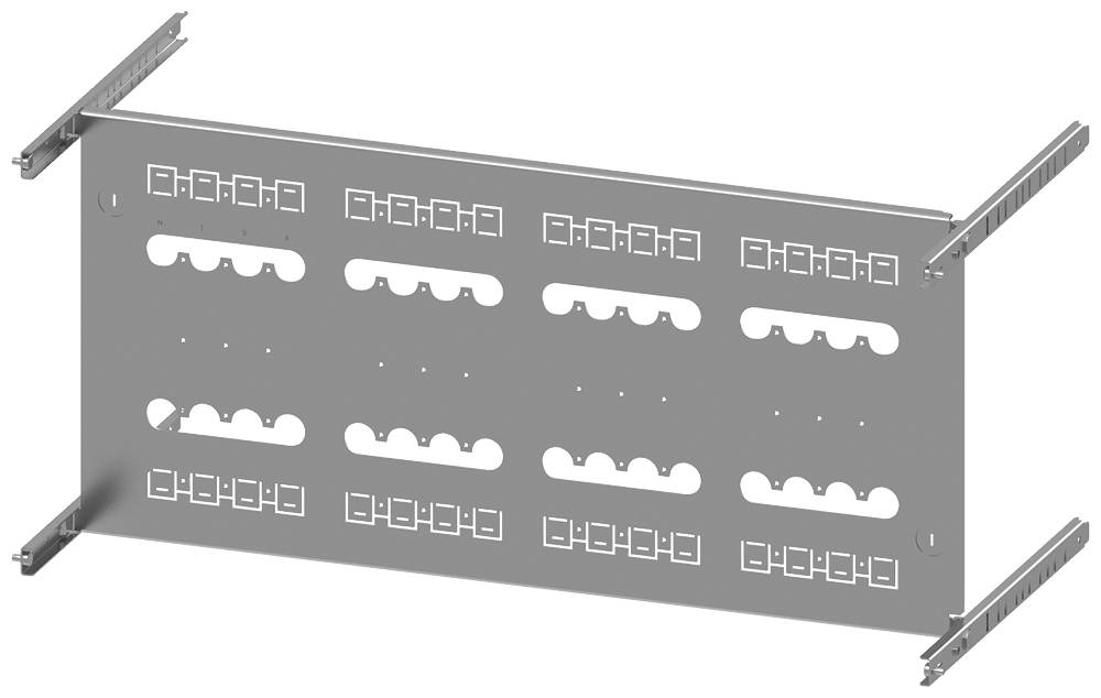 Metallisches Rack-Montagepanel mit mehreren rechteckigen Öffnungen und seitlichen Montageleisten. Geeignet für modulare Netzwerkkomponenten.