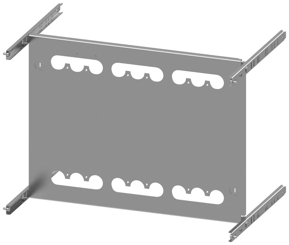 Metallplatte mit mehreren Öffnungen und seitlichen Schienen zur Befestigung. Verwendet zur Kabelverwaltung in Server-Racks.