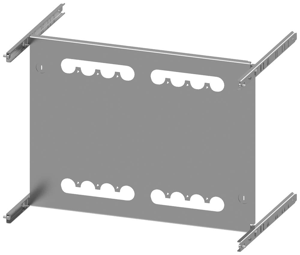 Metallische Halterung mit perforierter Platte und vier seitlichen Befestigungsschienen, wahrscheinlich für Kabel- oder Hardware-Montage.