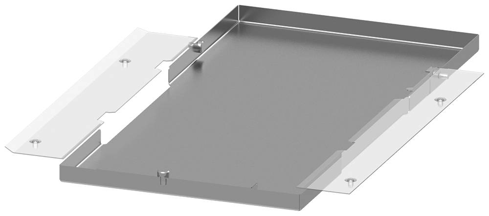 Metallabdeckung mit abgewinkelten Rändern, dargestellt in einer perspektivischen Ansicht, ohne sichtbare Details oder Beschriftungen.