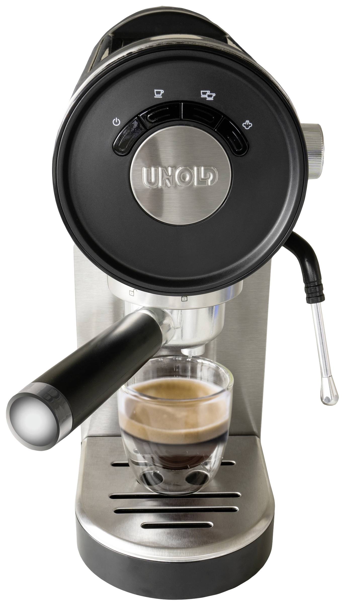 Espressomaschine mit Siebträger brüht einen Espresso in einer kleinen Tasse. Silber-schwarzes Design mit Dampfrohr.