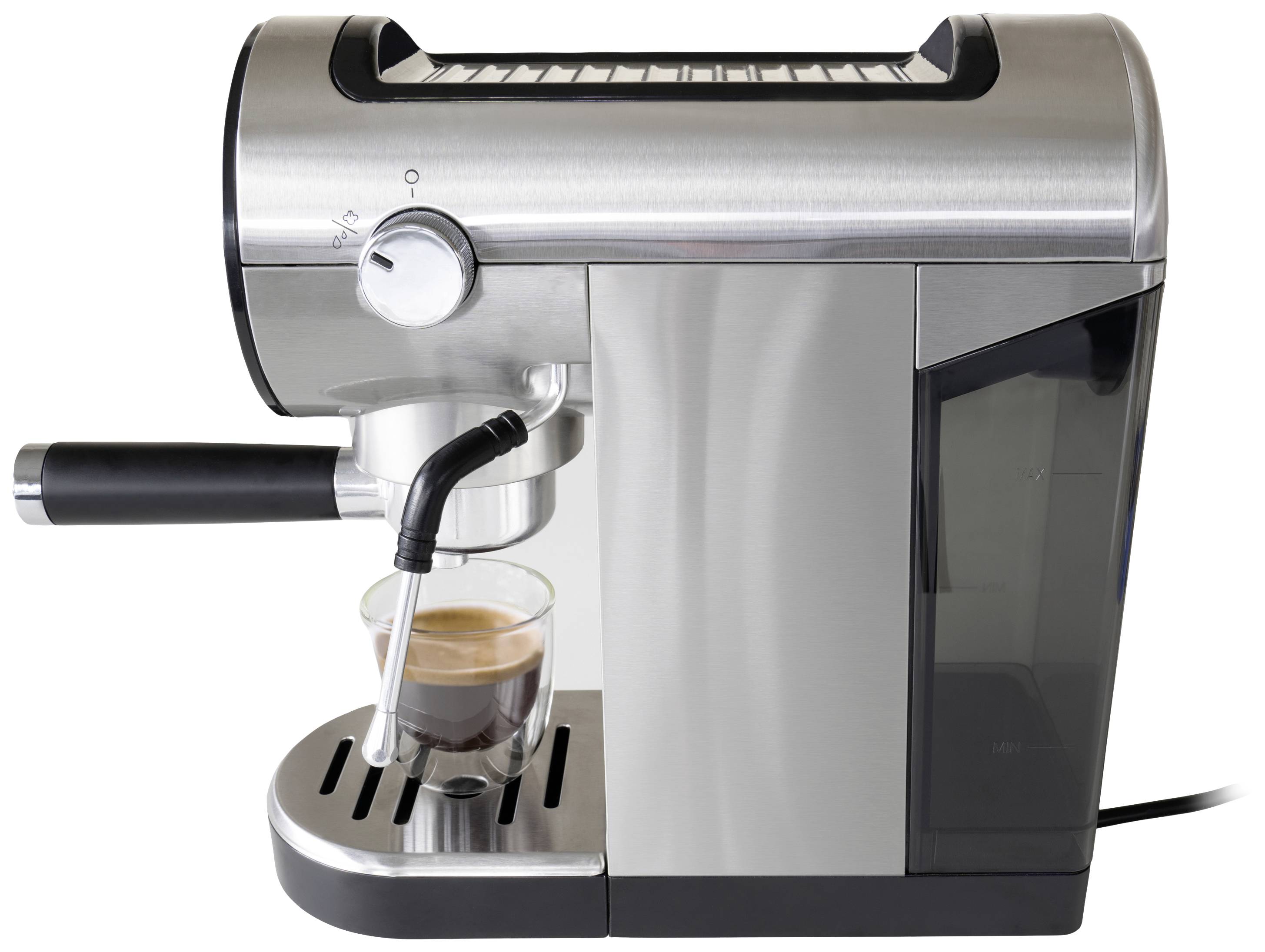 Espressomaschine in Edelstahloptik mit Tassenabstellfläche, Dampfdüse und einer Tasse Espresso darunter.