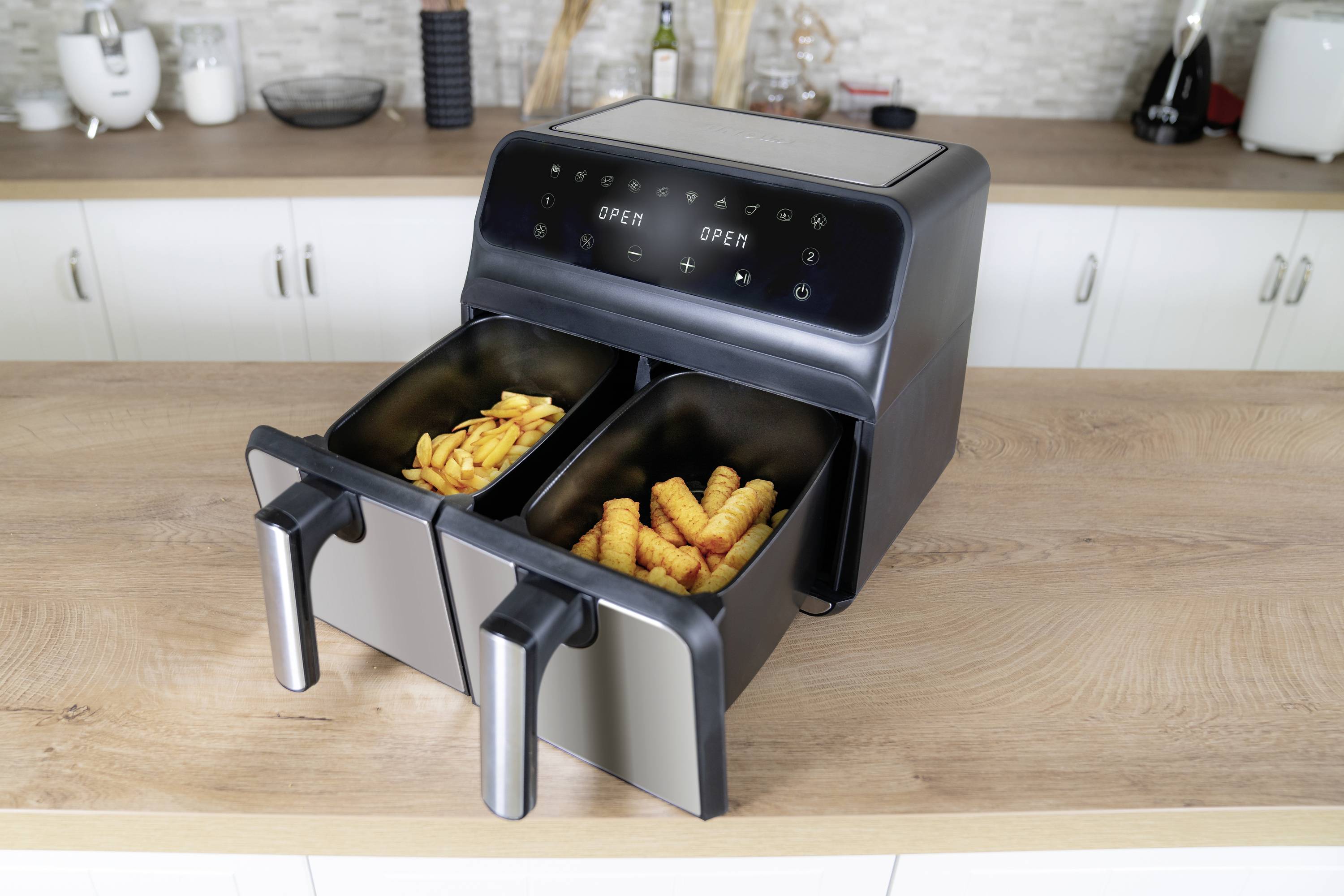 Unold TWIN ZONE Heißluft-Fritteuse 8l 1700W 2 getrennte Temperaturregler Schwarz, Edelstahl