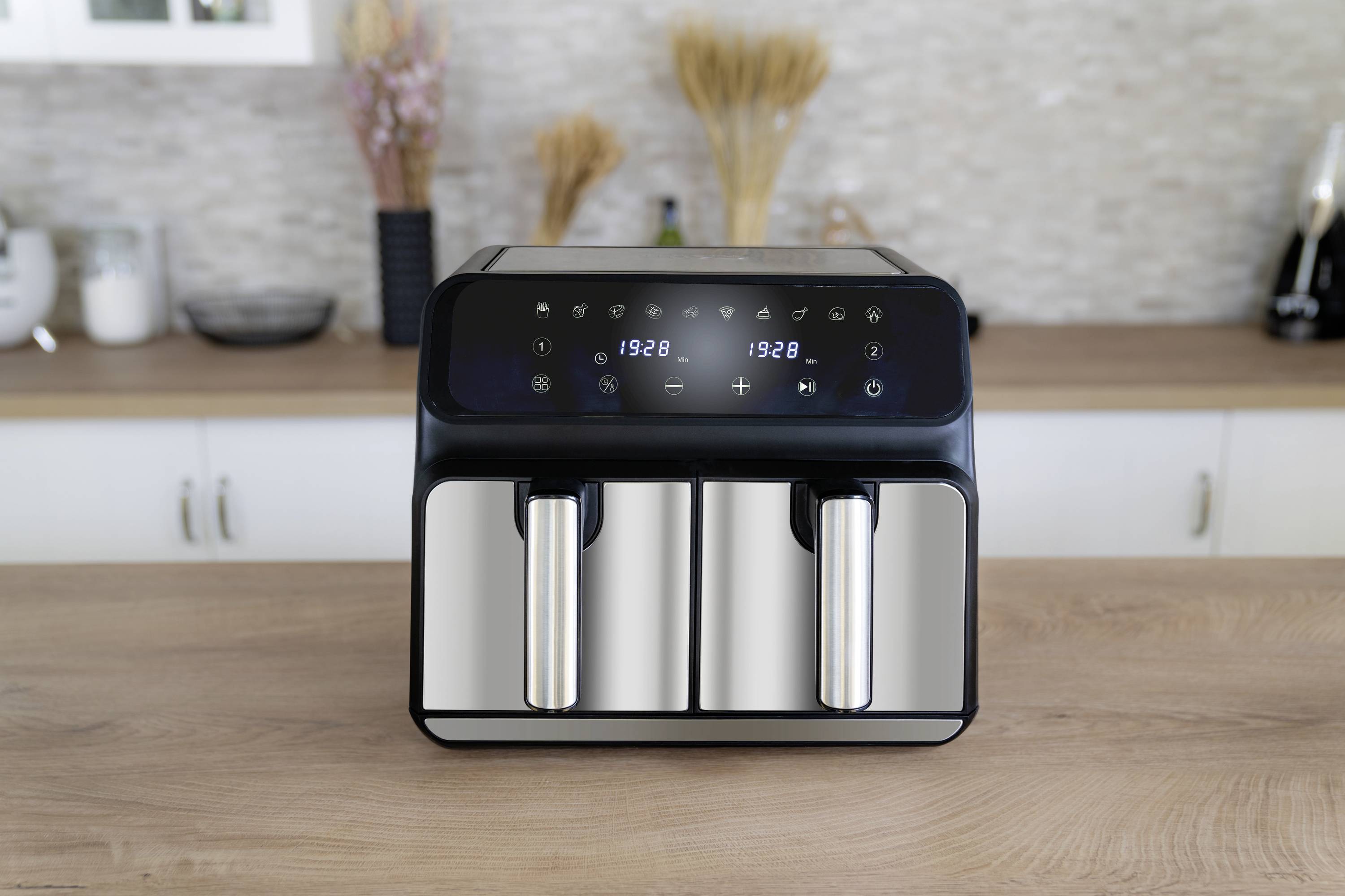 Unold TWIN ZONE Heißluft-Fritteuse 8l 1700W 2 getrennte Temperaturregler Schwarz, Edelstahl