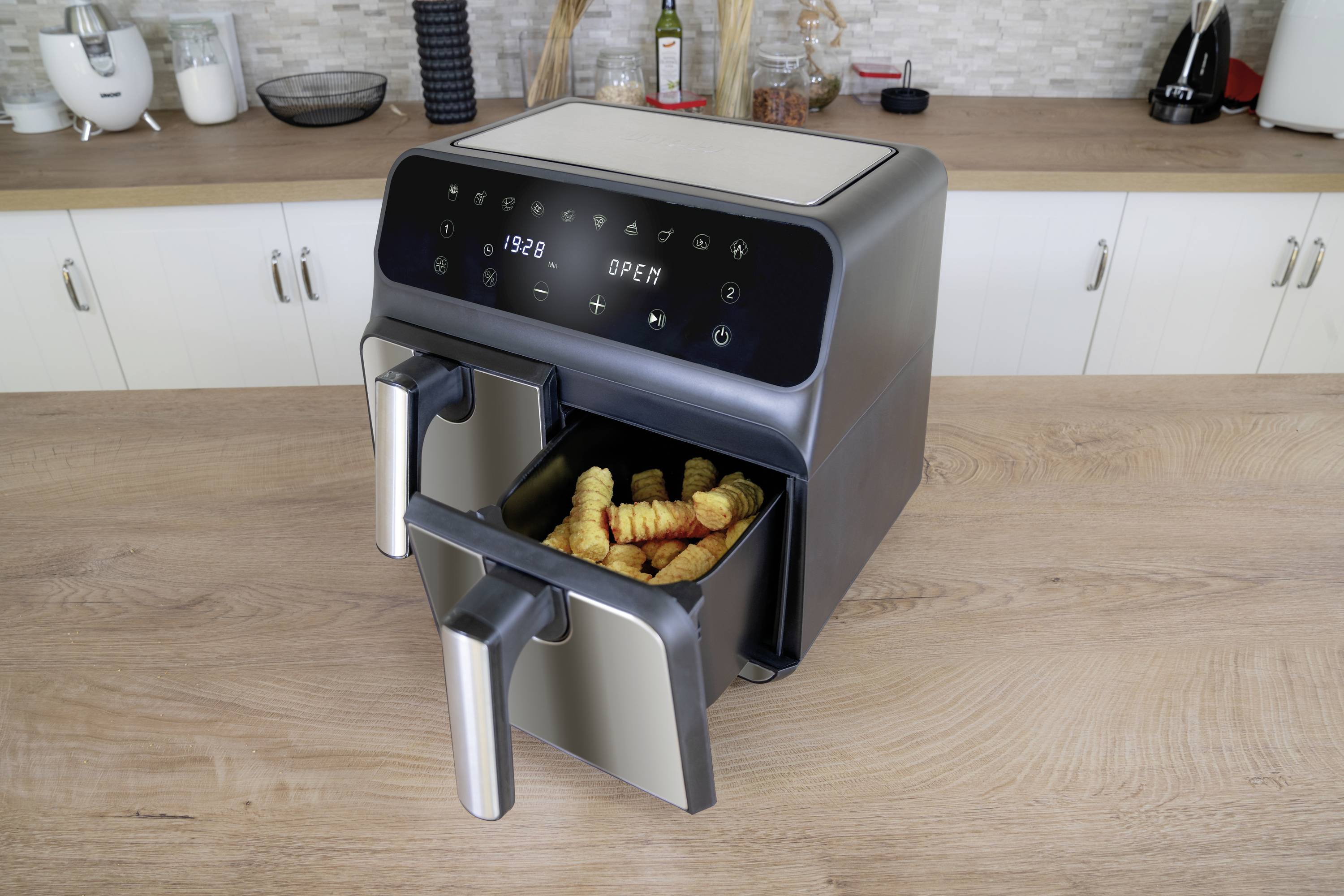 Unold TWIN ZONE Heißluft-Fritteuse 8l 1700W 2 getrennte Temperaturregler Schwarz, Edelstahl