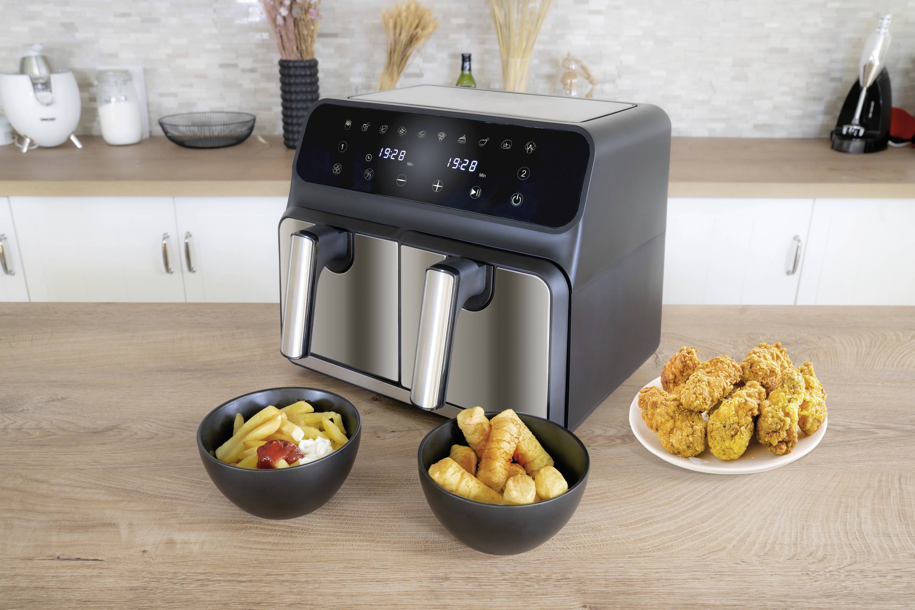 Unold TWIN ZONE Heißluft-Fritteuse 8l 1700W 2 getrennte Temperaturregler Schwarz, Edelstahl