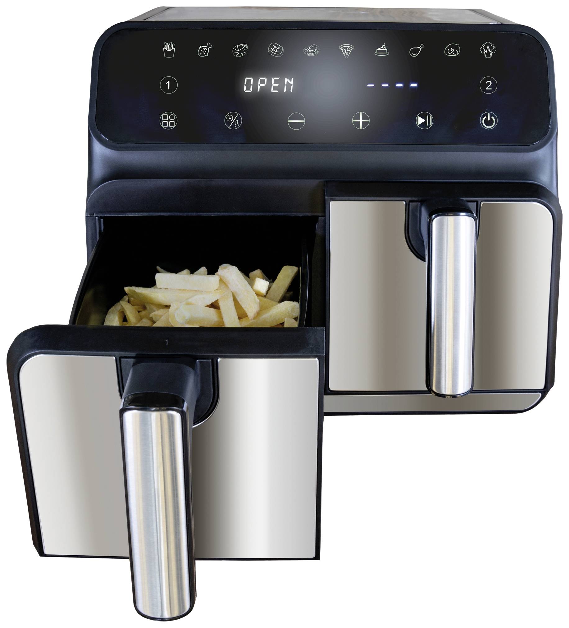 Eine doppelte Heißluftfritteuse aus Edelstahl, offen mit herausziehbarer Schublade und darin liegenden Pommes frites.