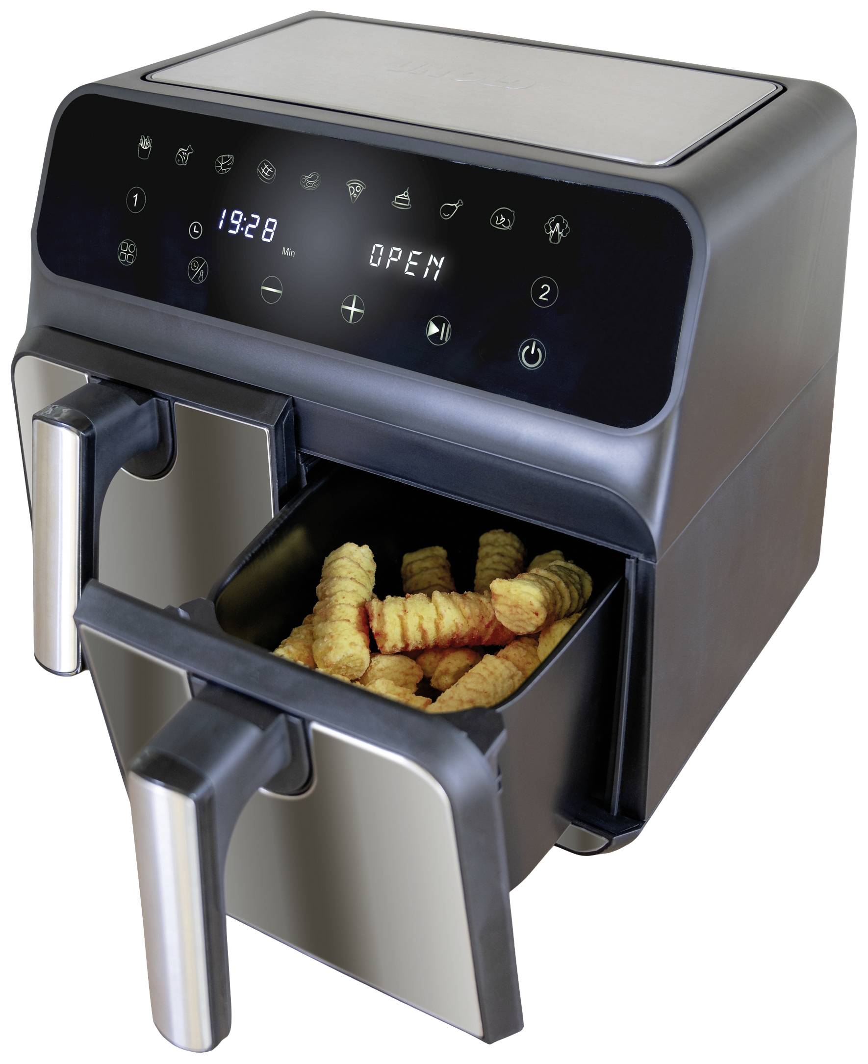 Unold TWIN ZONE Heißluft-Fritteuse 8l 1700W 2 getrennte Temperaturregler Schwarz, Edelstahl