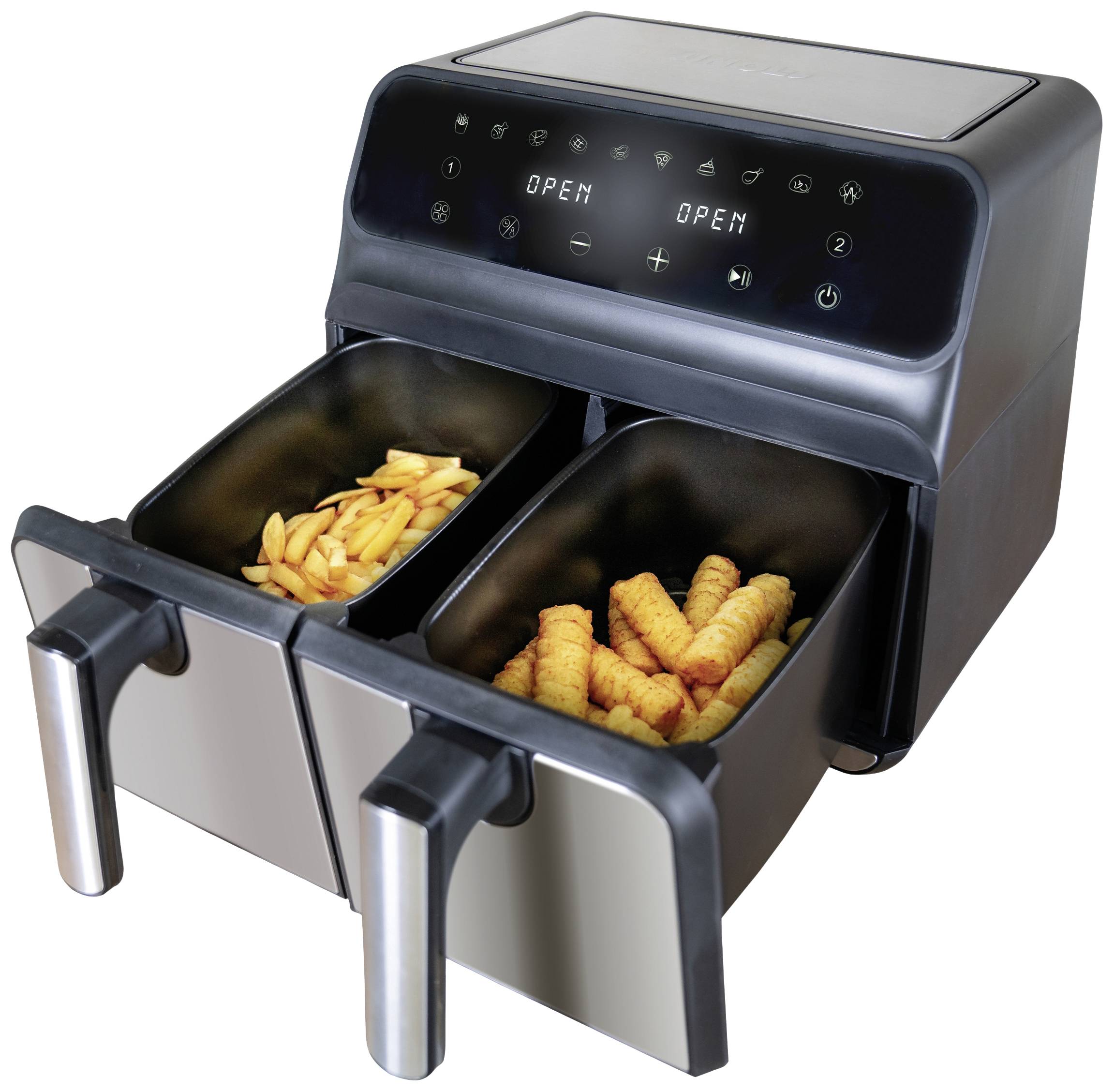 Ein Doppelfrittiergerät mit zwei herausnehmbaren Schalen, gefüllt mit Pommes frites links und knusprigen Kartoffelhappen rechts.