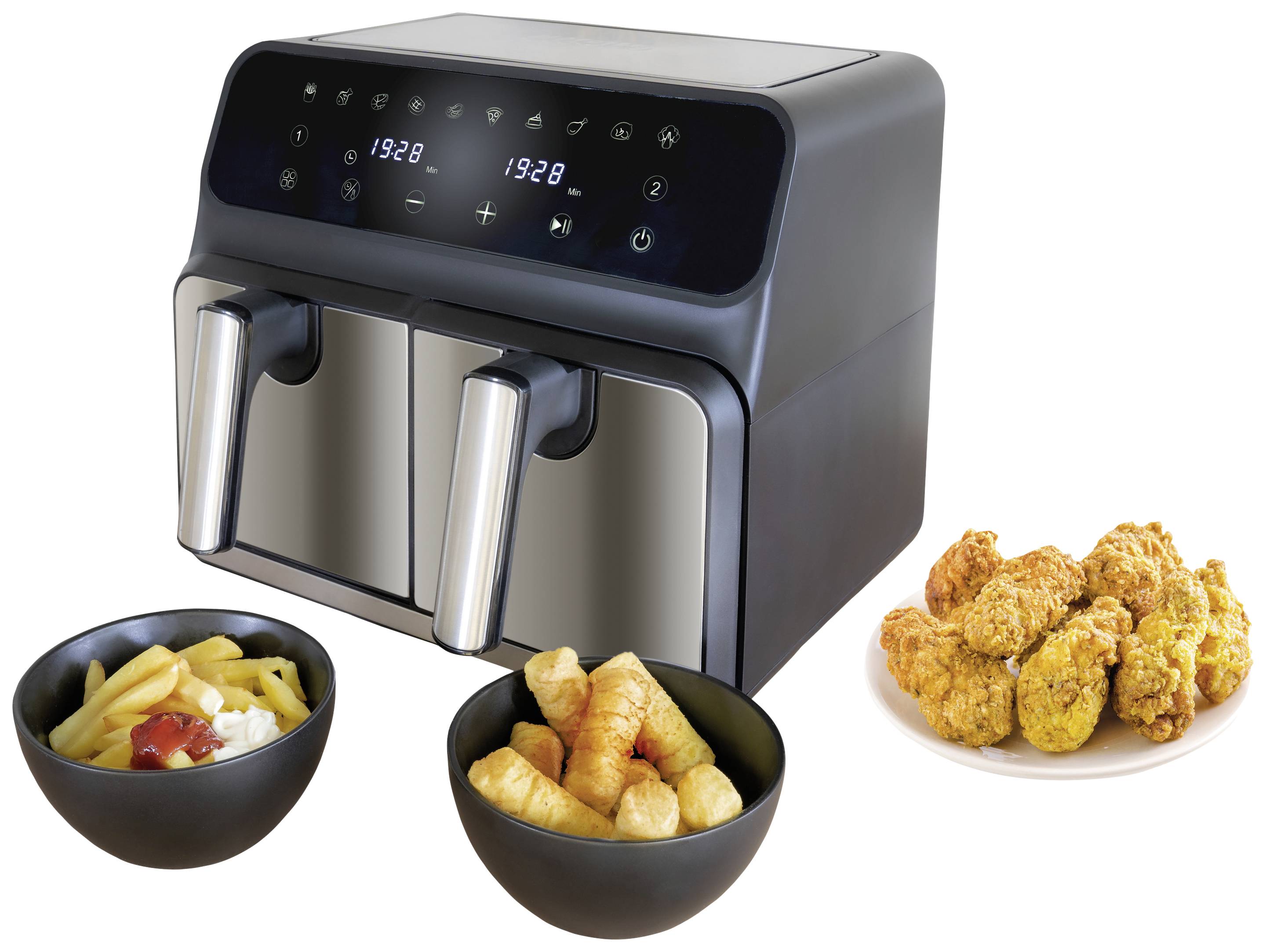 Unold TWIN ZONE Heißluft-Fritteuse 8l 1700W 2 getrennte Temperaturregler Schwarz, Edelstahl