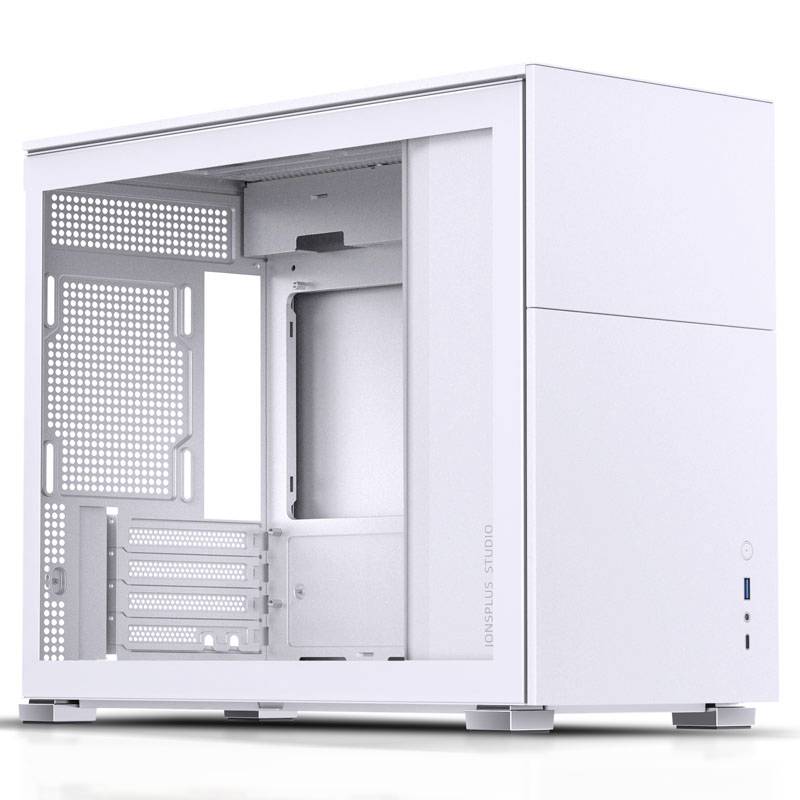Weißes PC-Gehäuse mit offenem Sidepanel ohne Komponenten, zeigt Platz für Mainboard, Laufwerke und Lüfter.