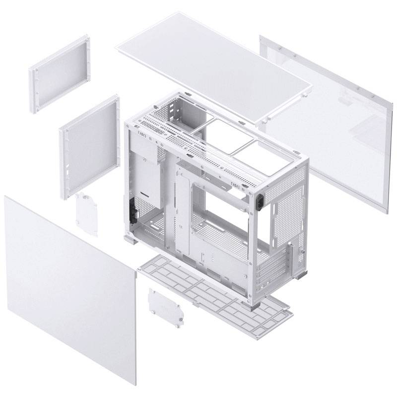 Explodierte Ansicht eines weißen Computergehäuses mit abnehmbaren Panels und Rahmen. Zeigt strukturelle Details und Aufbau.