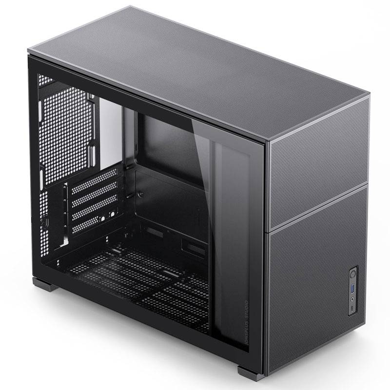 Computer-Gehäuse mit durchsichtigem Seitenteil, schwarzem Metallrahmen und sichtbaren Lüftungsschlitzen. Modernes Design.