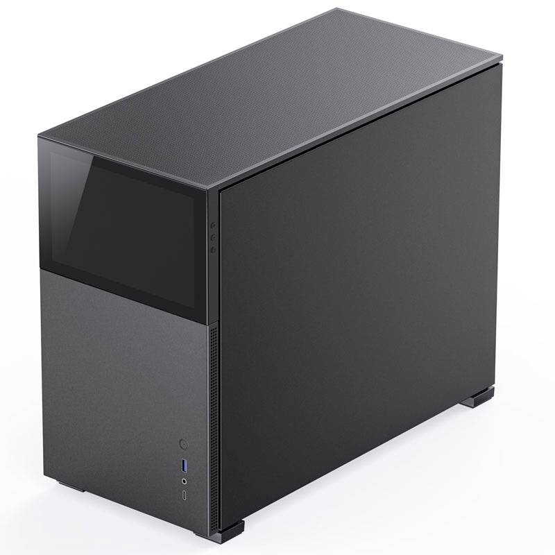 Ein schwarzes Computergehäuse mit seitlichem Glasfenster, vertikal aufgestellt, zeigt Designmerkmale wie USB-Anschlüsse an der Vorderseite.