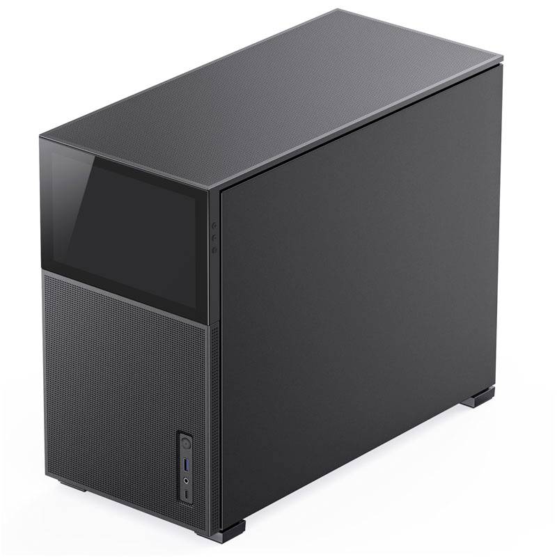 Ein schwarzes Computergehäuse mit minimalistischem Design. Es hat seitliche Lüftungsschlitze und einen USB-Anschluss vorne.