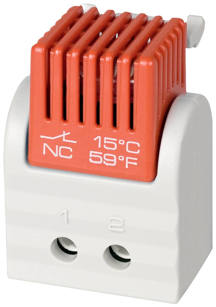 Ein roter Thermostat-Temperaturschalter mit '15°C 59°F' und 'NC' (Normal Closed) Aufschrift, mit zwei Anschlussklemmen unten.
