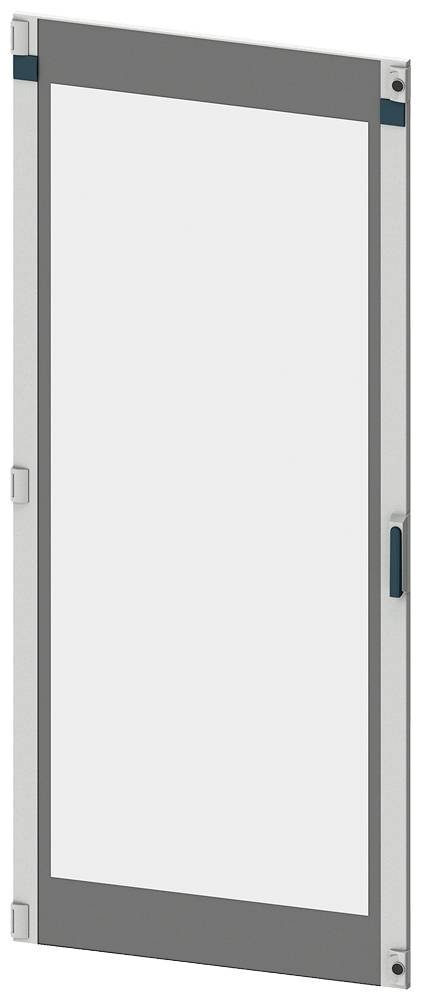 Metallrahmen-Tür mit transparentem Einsatz, die an der Vorderseite eines Gehäuses montiert wird. Sie verfügt über Scharniere an der Seite.