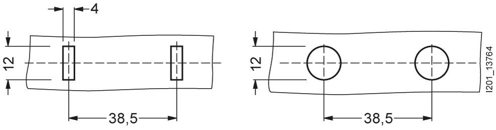 Technische Zeichnung von zwei metallischen Verbindungselementen. Links sind rechteckige Schlitze, rechts Kreise, beide mit Maßen angegeben.
