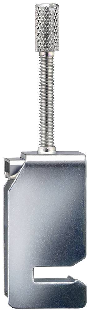 Metallklemme mit verstellbarer Schraube zur Sicherung von Objekten. Die Klemme hat eine silberne, gebürstete Oberfläche.