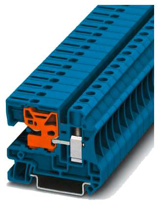 Blauer elektrischer Reihenklemmenblock mit seitlichem Metallanschluss und orangenem integrierten Bauteil, zur elektrischen Verbindung.