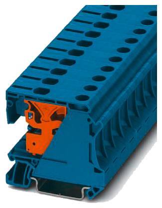 Elektrischer Klemmblock, blau-orange, zeigt die Anschlussklemmen. Geeignet für Verbindungen in elektrischen Schaltungen.