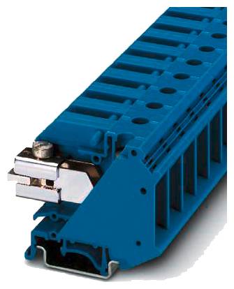 Ein blauer elektrischer Klemmblock mit mehreren Anschlussklemmen, die für die Verdrahtung in elektrischen Schaltschränken verwendet werden.