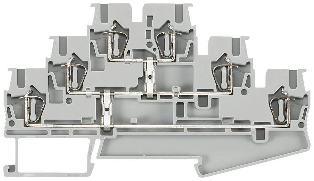 Ein grauer Mehrstockreihenklemme mit mehreren Anschlüssen und Metallverbindungen, verwendet zur sicheren Drahtverbindung in elektrischen Schaltanlagen.