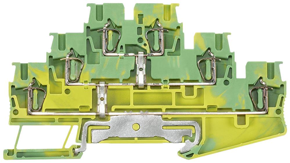 Grüner und gelber Reihenklemme, die in elektrischen Schaltschränken zur Verkabelung verwendet wird, zeigt metallische Verbindungsstellen.