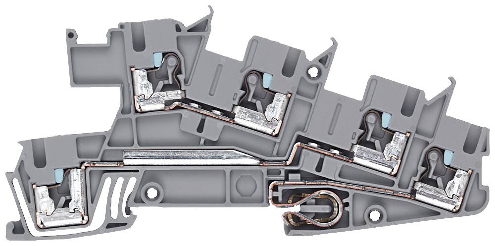 Querschnitt eines elektrischen Verteilers in Grau, zeigt Kupferdrähte und Anschlüsse.